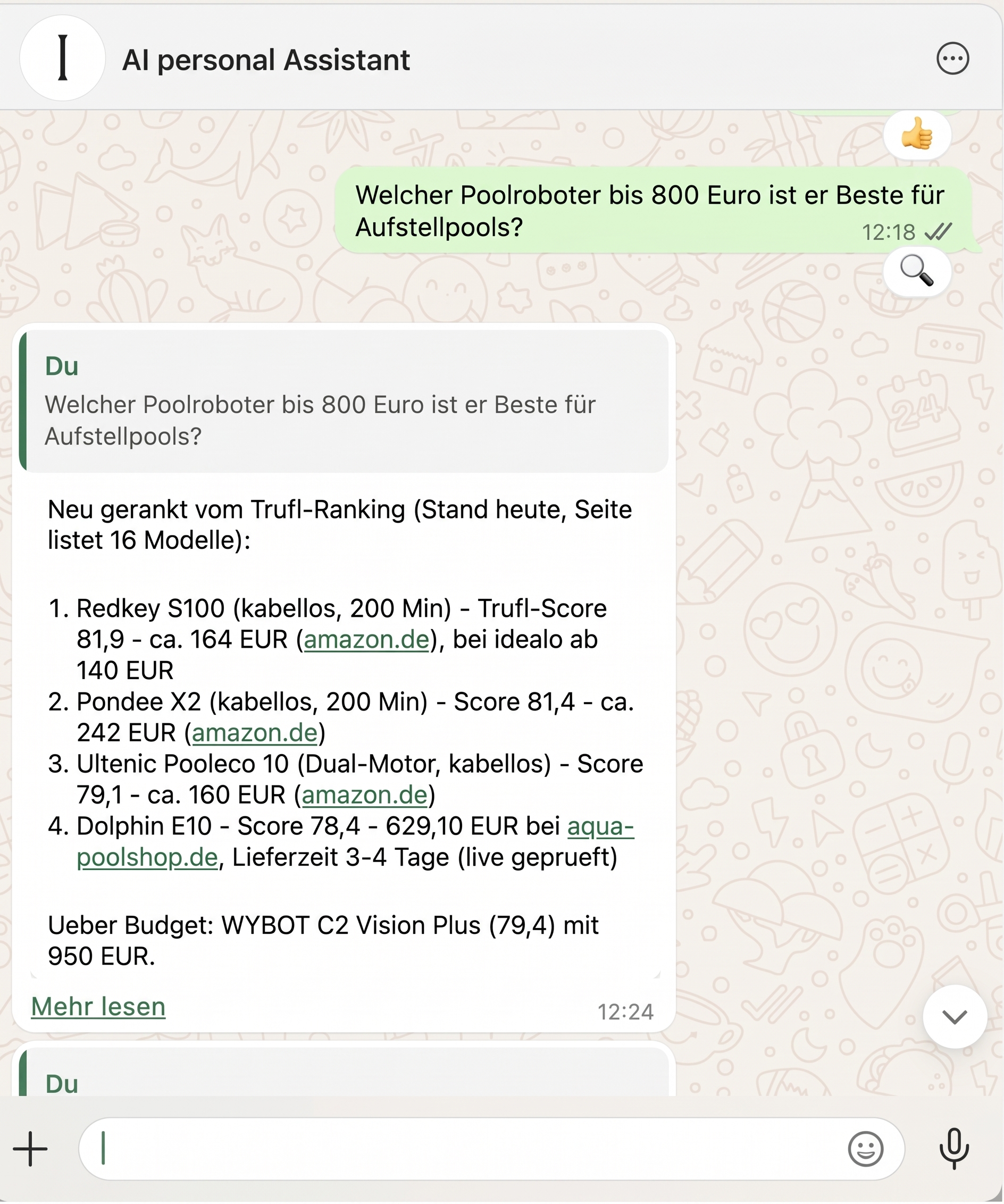 WhatsApp-Mockup: KI-Assistent empfiehlt Poolroboter