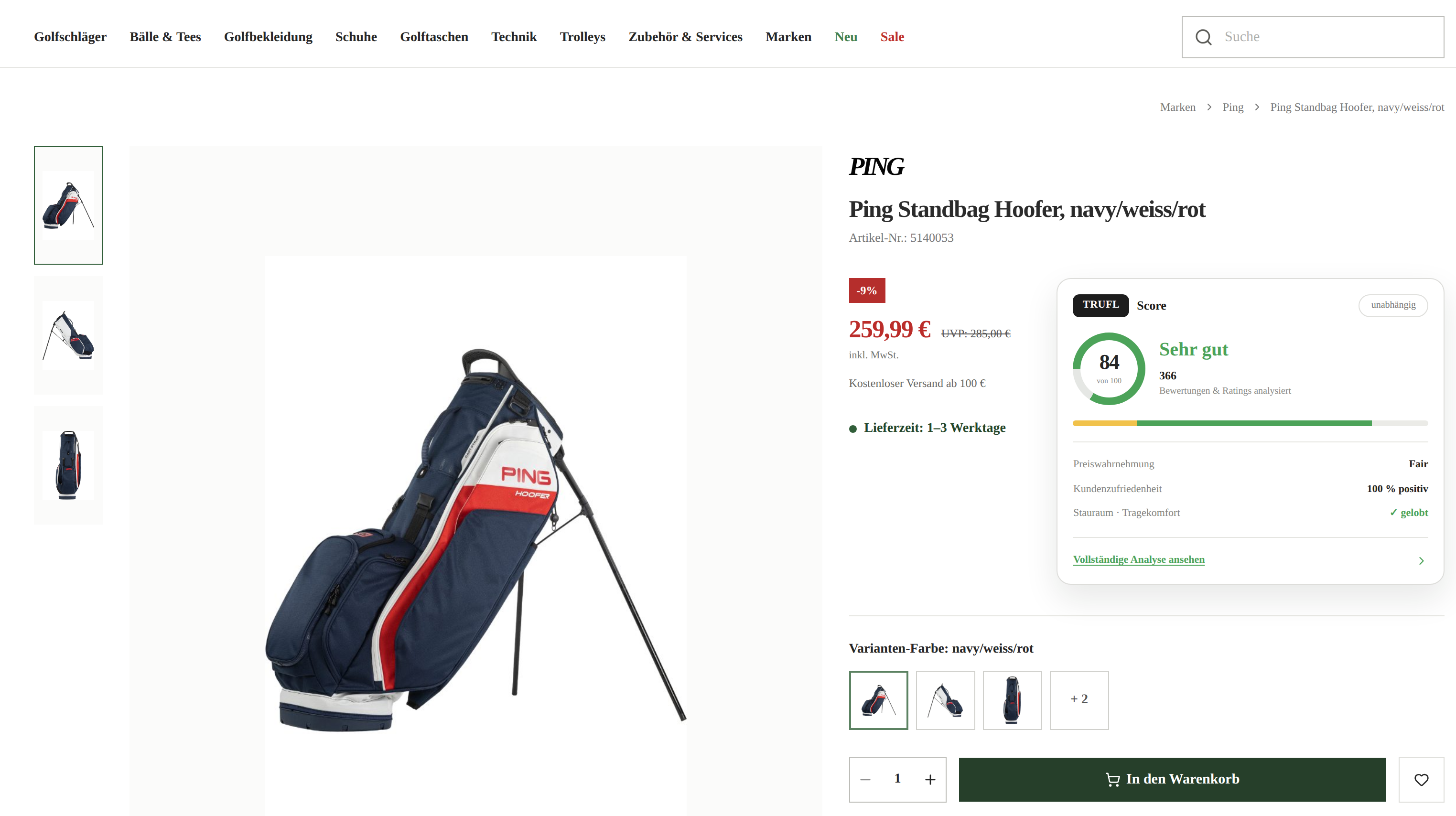 Live-Ausschnitt: TRUFL Score auf einer Produktdetailseite eines Golf-Shops